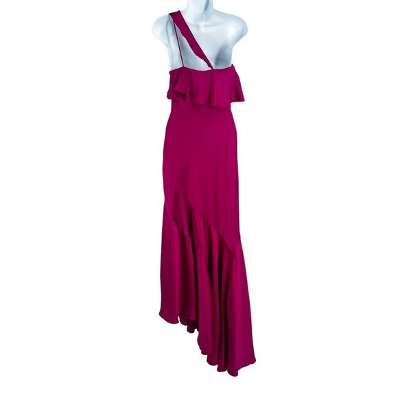 Galvan London Flora One Shoulder Satin Ruffle Asymmetrical Gown Maxi Dress - Picture 5 of 14